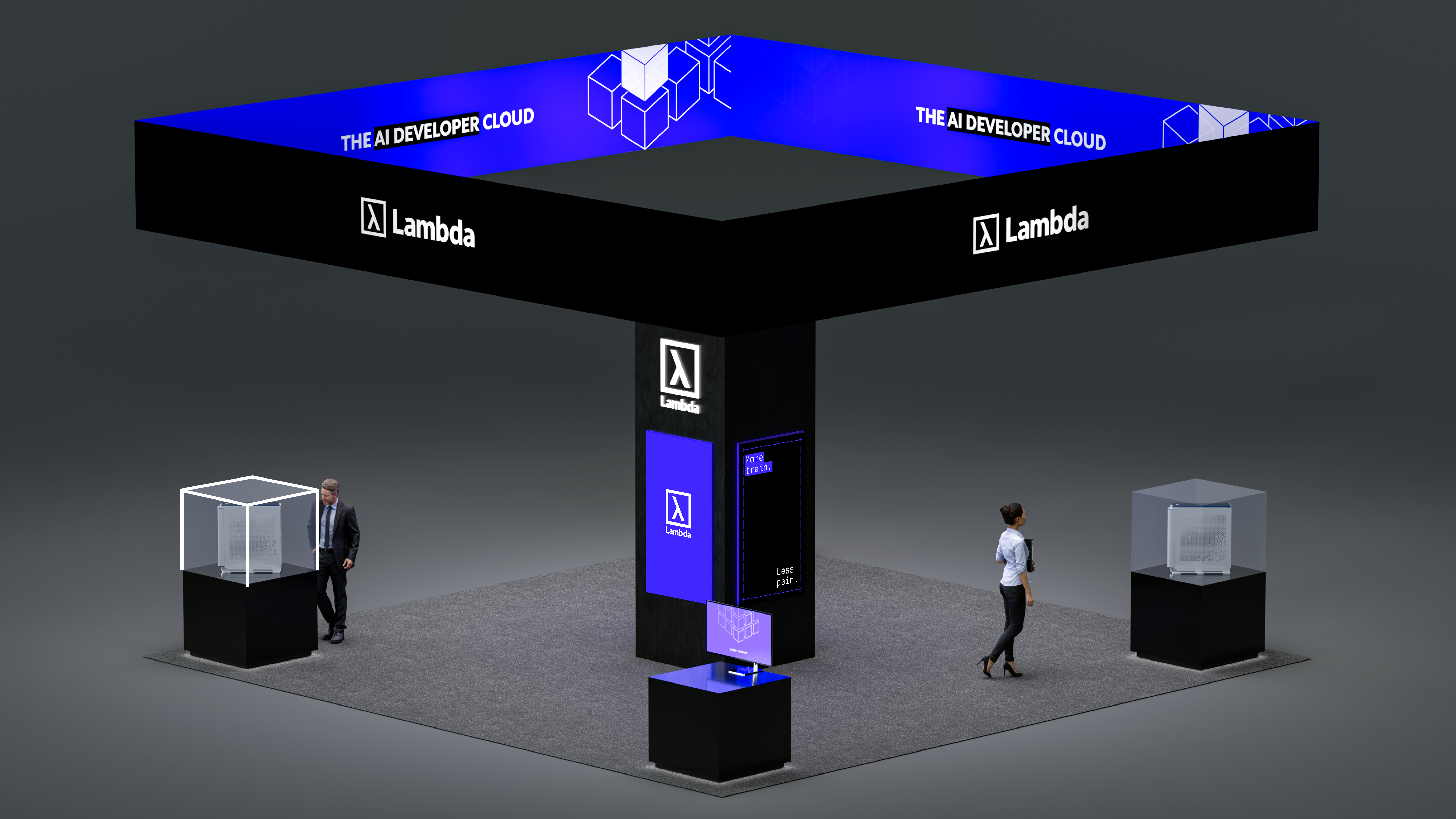 3D render of Lambda's NVIDIA GTC 2025 booth featuring 'The AI Developer Cloud' branding, display cases with hardware, and a central interactive station.