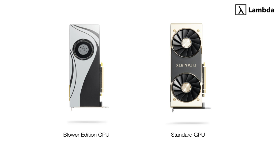 Image depicting a single fan blower GPU vs a two fan standard GPU.