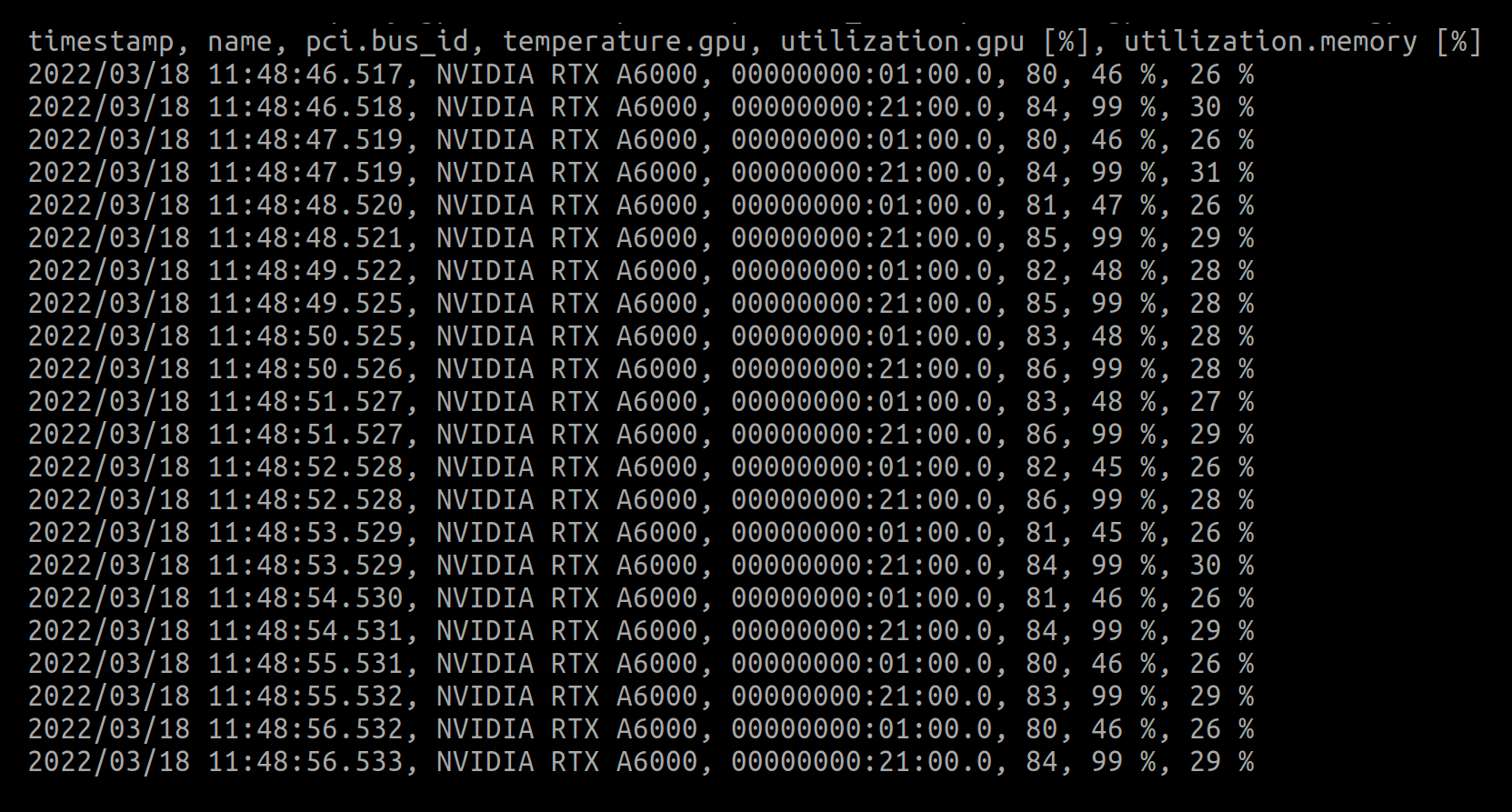 nvidia-smi logging output