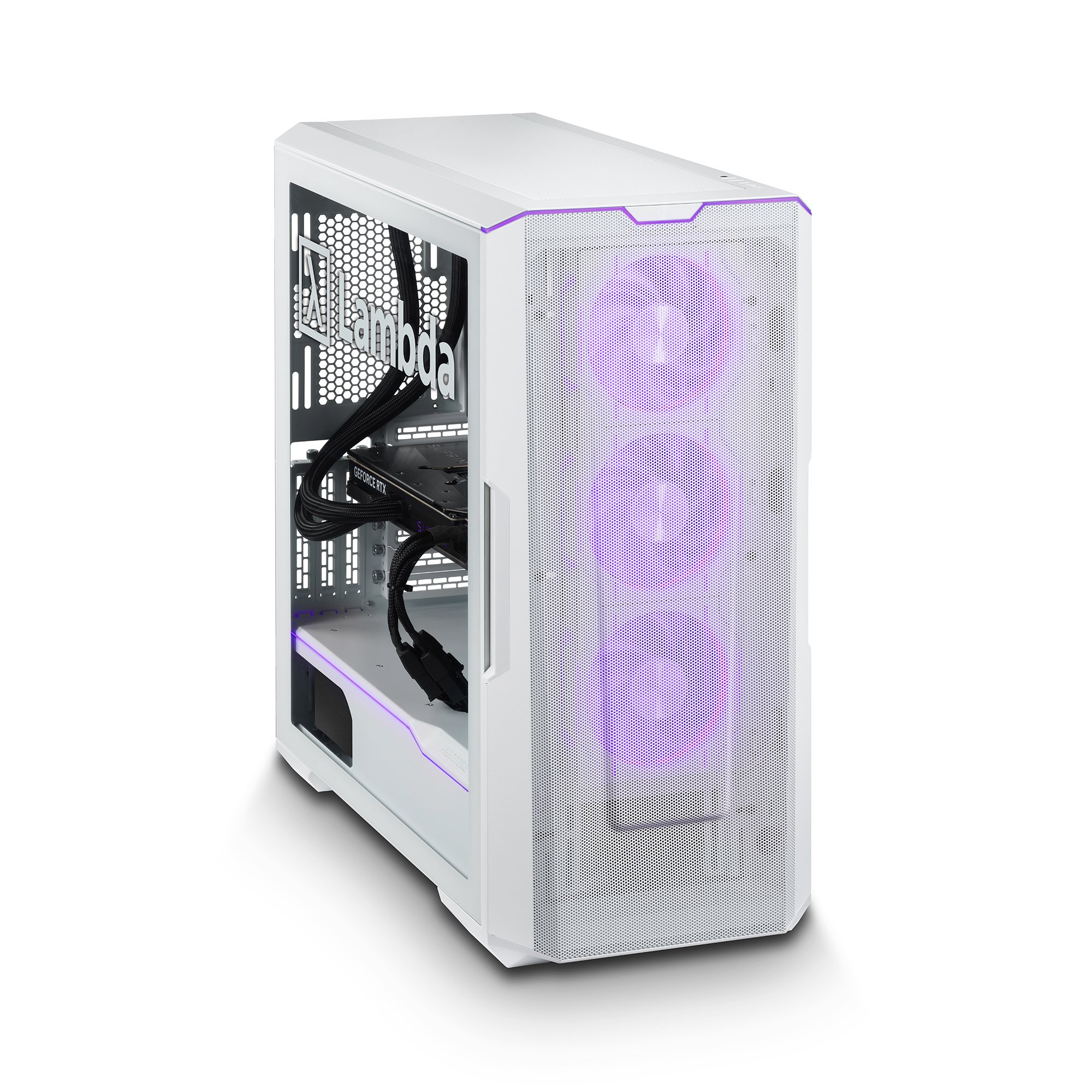 Vector One 4090 GPU Workstation Front View 45-Degree Lights On