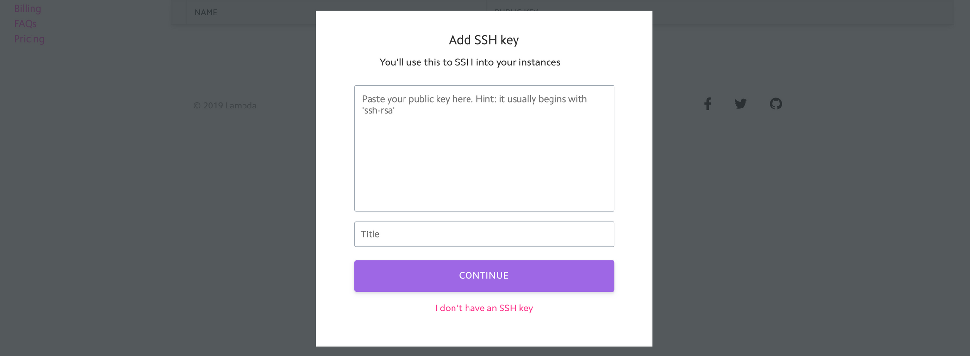 Initial modal for adding your first ssh key.