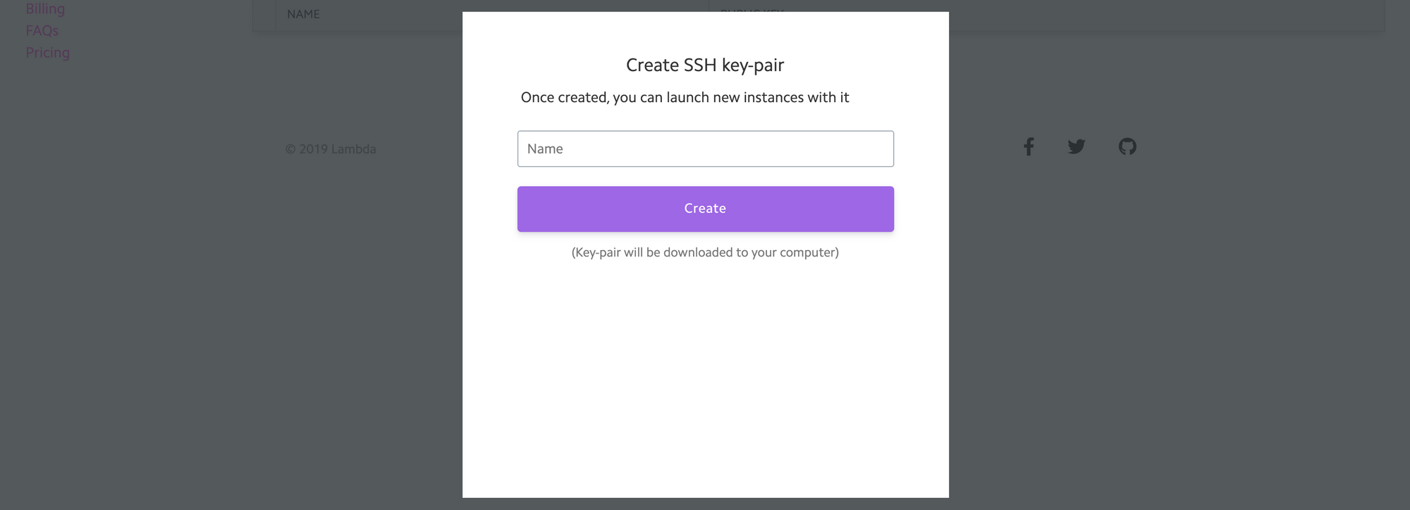 Initial modal for creating your first ssh key using Lambda.