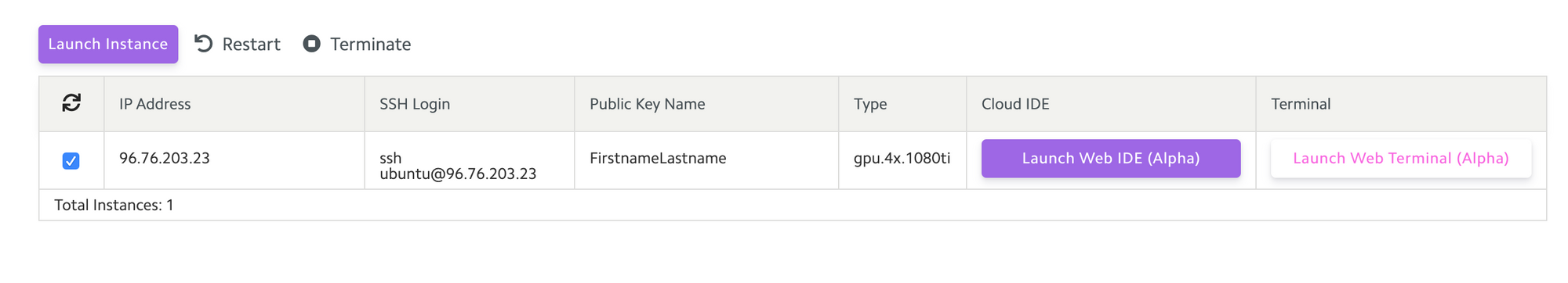 Lambda Cloud dashboard with newly created instance.