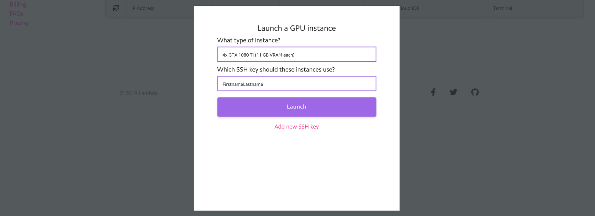 Modal for launching a Lambda Cloud instance.